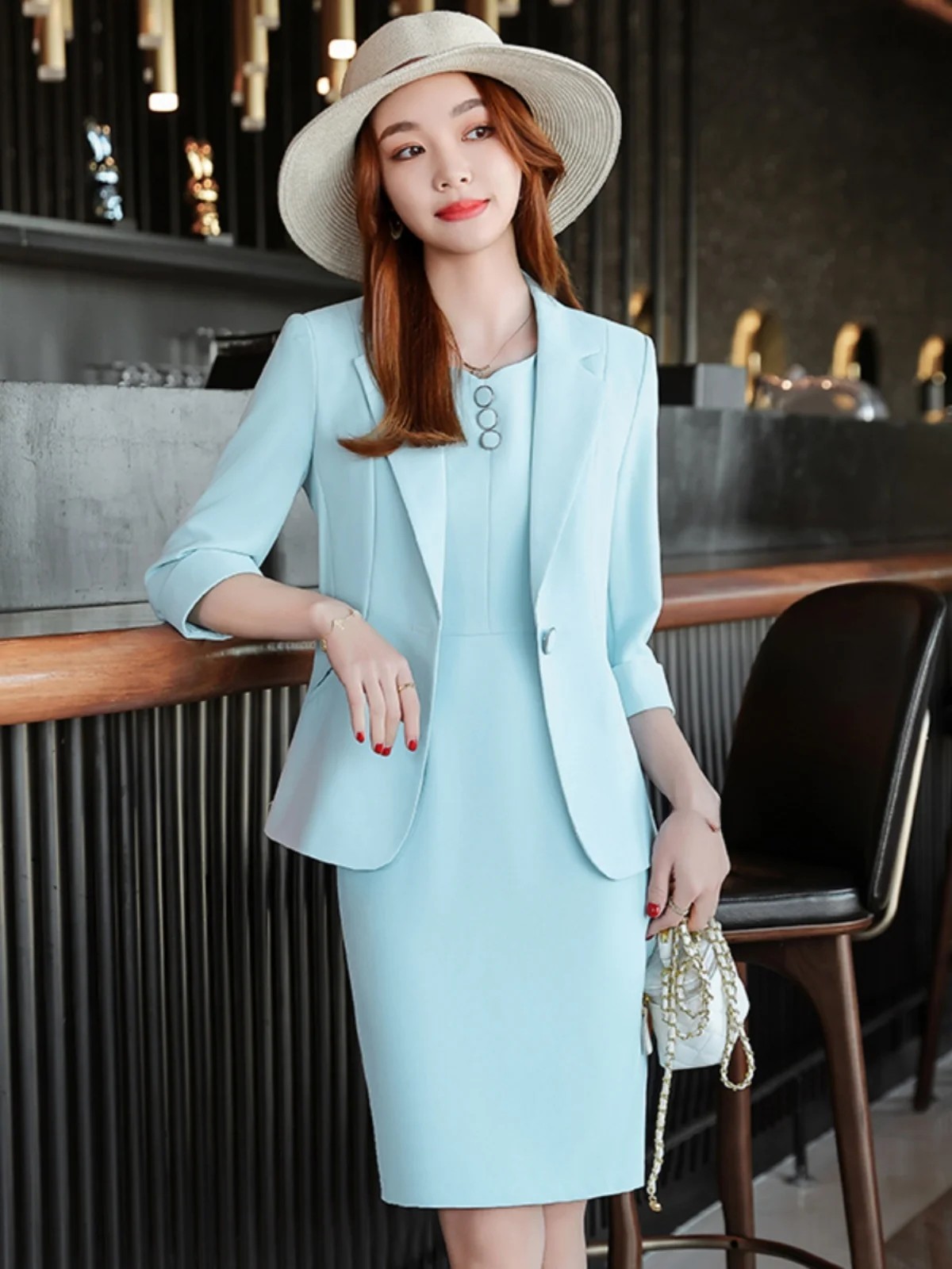 

Business Suit Set Women's Summer New Commute Seven-Sleeve Dress Skirt Two-Piece Set No-Sleeve Wrap Body Commute Workwear