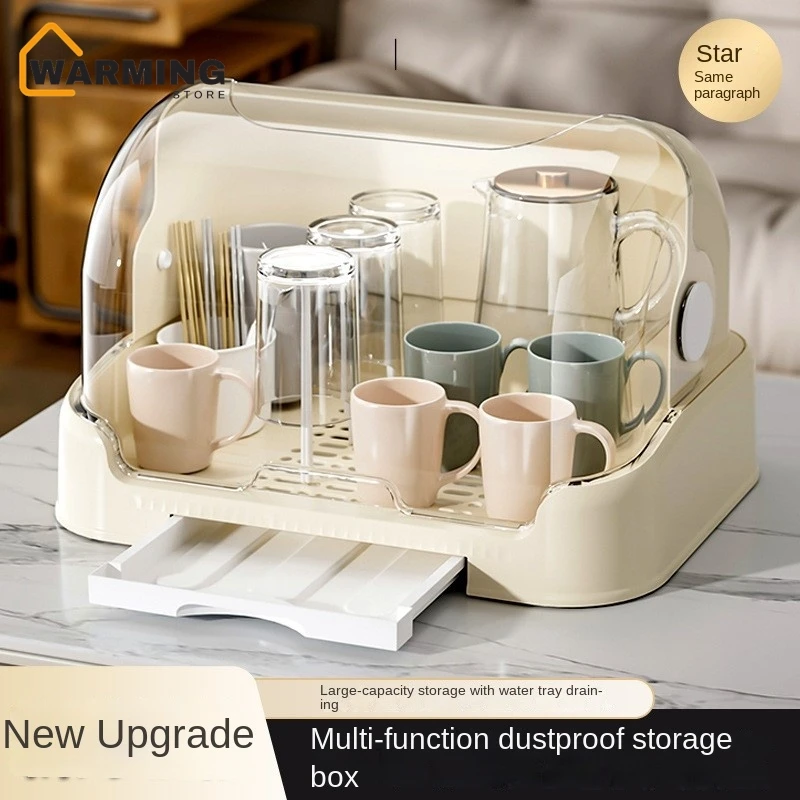 

Warming Dustproof Desktop Cup Storage Rack Double Layered Tea Set Coffee Mug Storage Box Double Layered High Hot Sale Dropship