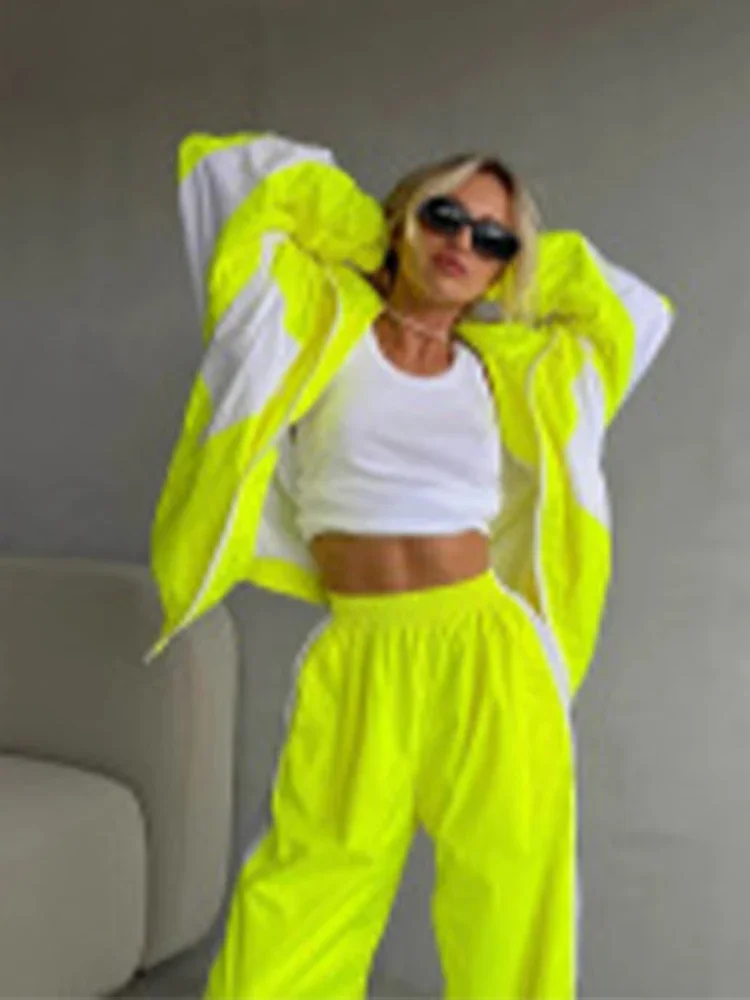 

Contrast Zipper Lapel Collar Woman Blouse Set Fashion Full Sleeve Elastic High Waist Wide Leg Trousers Suit 2025 Sport Outfit