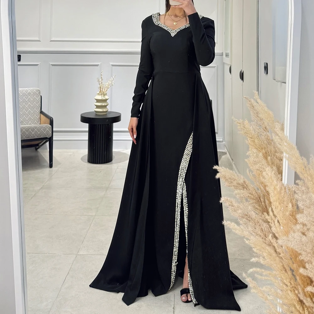 

Customized A-line Evening Dresses Floor-length V-neck Full Sleeve Prom Gown Fashion Crystal Simple Draped Exquisite Party Gown