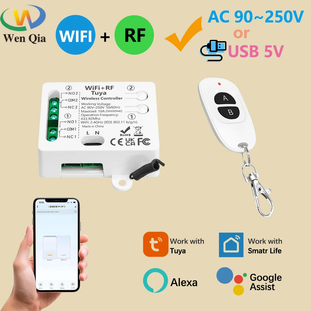

Tuya WiFi RF Smart Switch AC 110V 220V 2CH Dry Contact Relay and 433MHz Wireless Remote Control work with Google Assist,Alexa