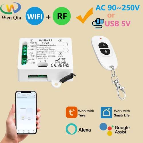 Tuya WiFi RF interruptor inteligente AC 110V 220V 2CH relé de contacto seco y Control remoto inalámbrico de 433MHz funciona con Google Assist,Alexa