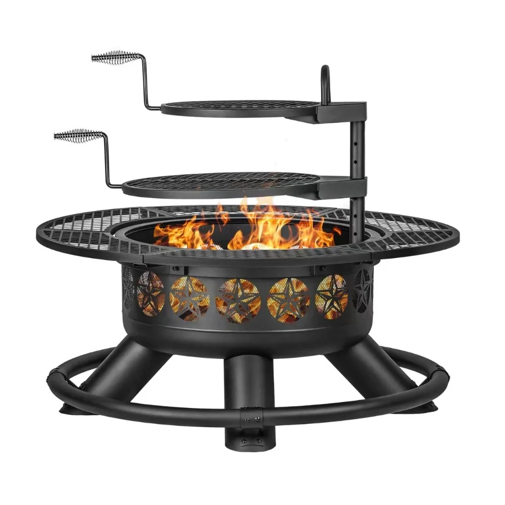 47 Inch Outdoor Fire Pit with 2 Grills, Extra Large BBQ Firepits | Metal Round Fire pits with Lid&Fire Poker,3 in 1