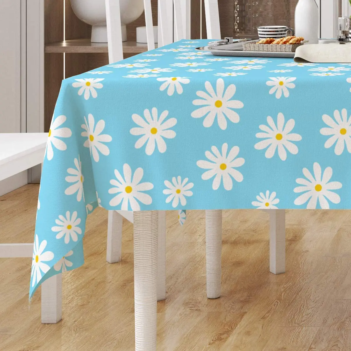 Blue Daisy Flower Rectangular Tablecloth Wedding Party Decorations Reusable Waterproof Table Covers Kitchen Dining Table Decor