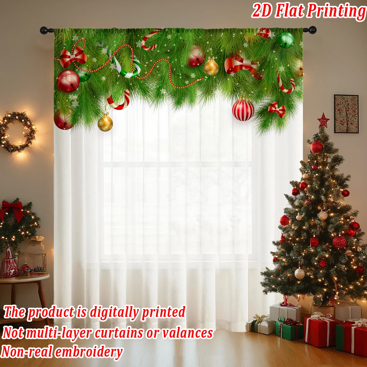 ستارة شفافة مطبوعة مسطحة لعيد الميلاد مع فروع كرة الصنوبر لعيد الميلاد وحلوى القوس لغرفة المعيشة وغرفة النوم وحفلات العطلات