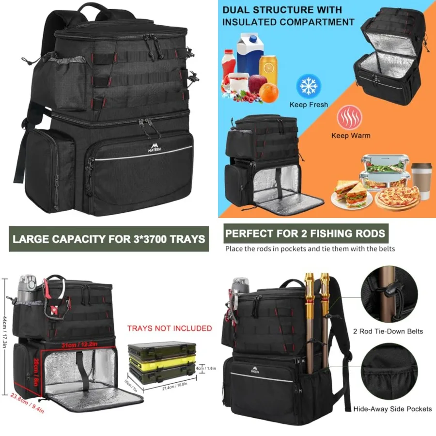 

Fishing Backpack, Water Resistant Tackle Storage Bag with Rod Holders and Cooler, Fishing Gifts for Men
