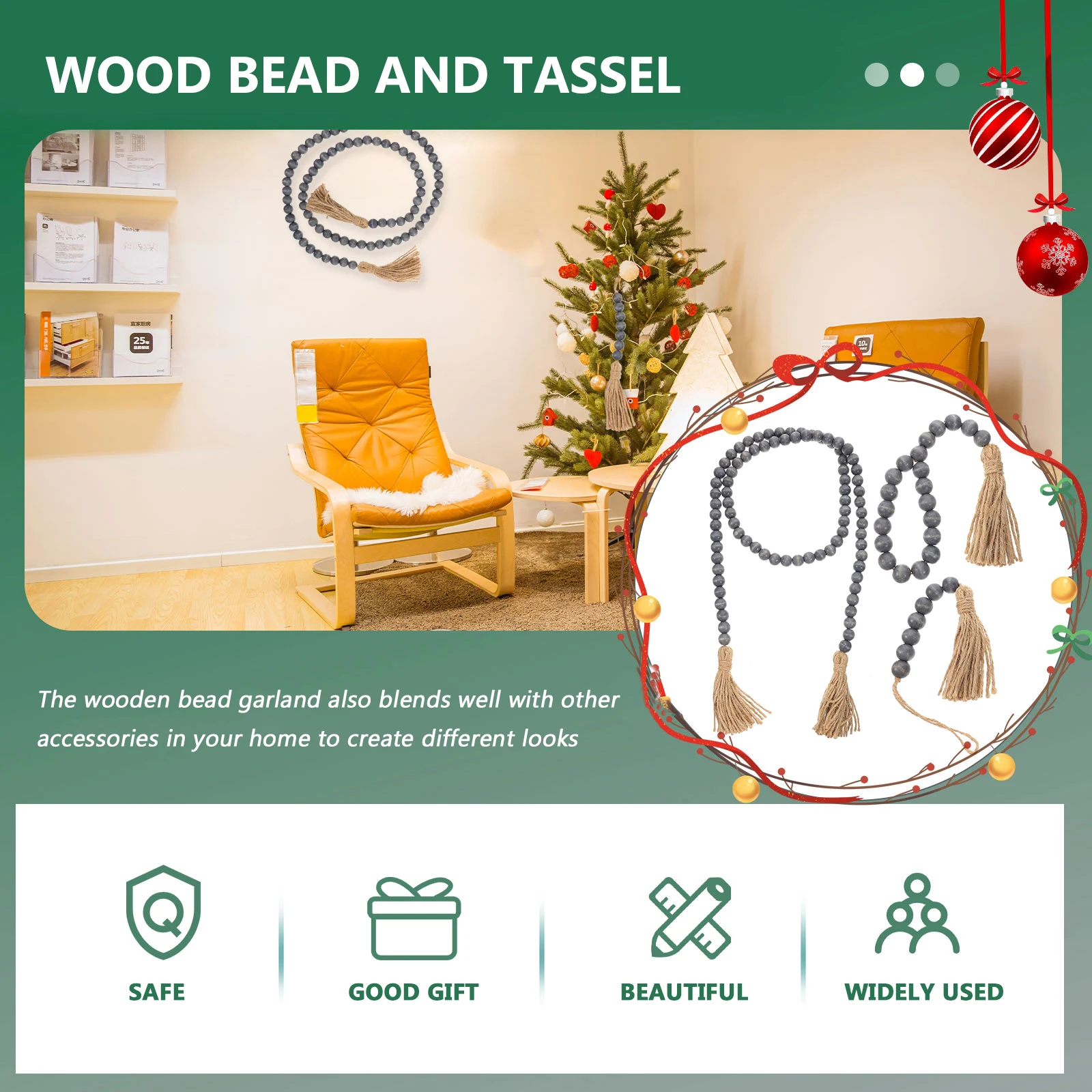 3Pcs Wood Decorative Hanging Tassel Wood Bead Tassel String Rustic Home Tray Farmhouse Purple Wooden Bead String