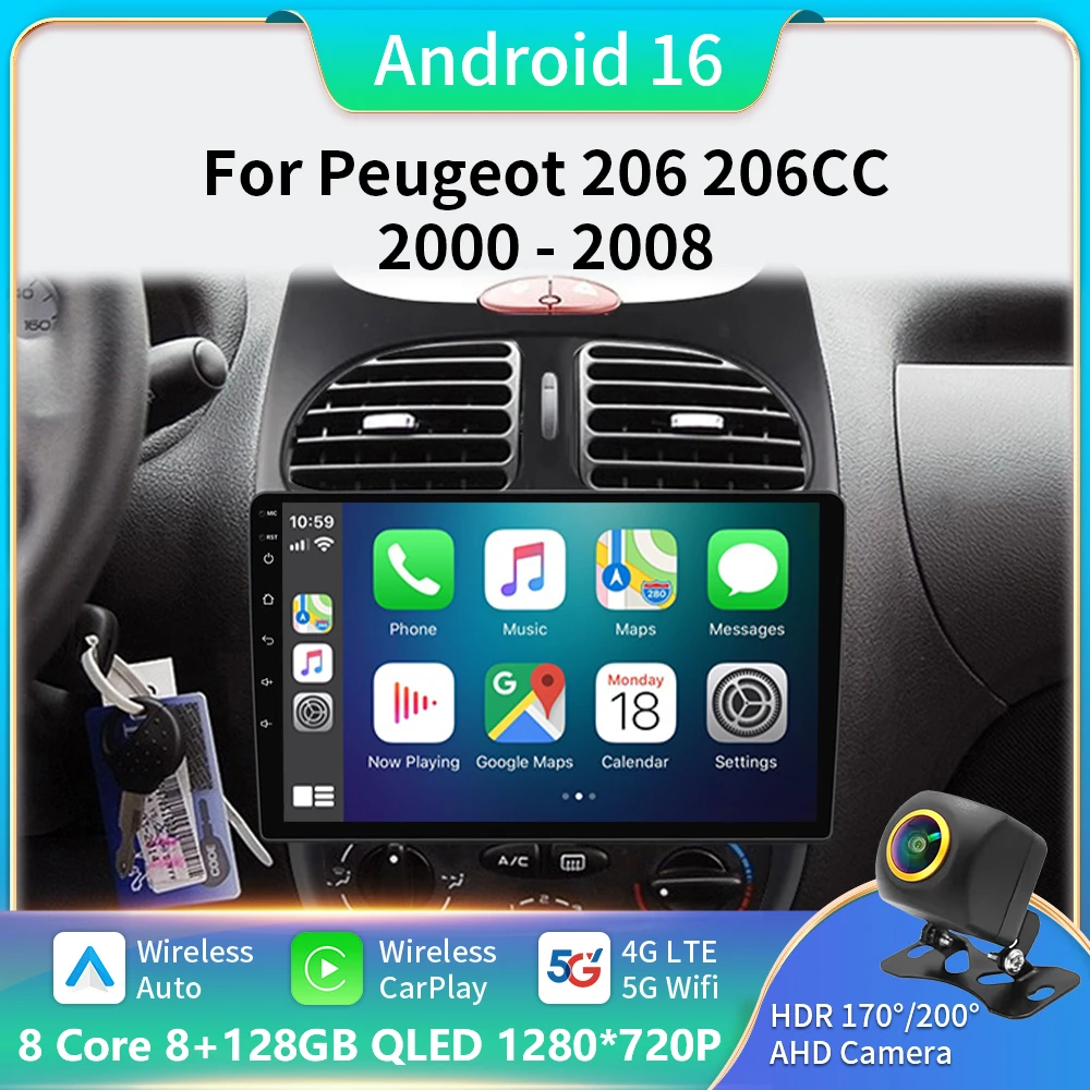 

Android 16 Car Radio For PEUGEOT 206 206CC 206SW 2000-2008 Auto Multimedia Player GPS Autoradio Carplay 2 din carplay Auto BT
