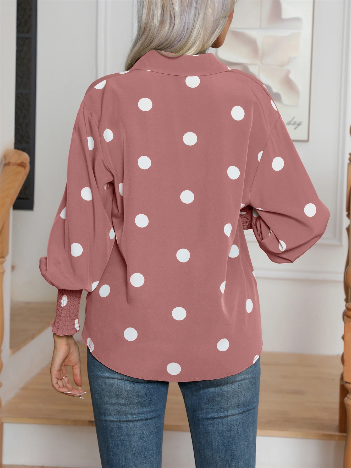 Casual Lapel Button Down Balloon Polka Dot Print  Lantern Sleeve Shirt, Women\'s Clothing