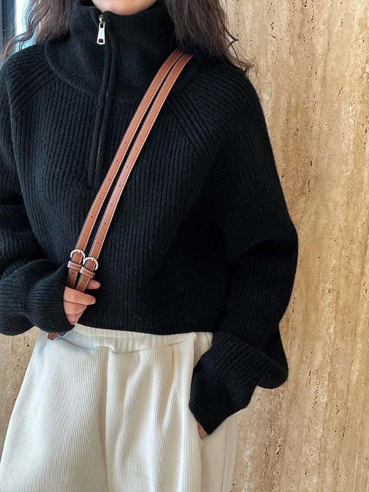 Blusas de malha feminina sólido vermelho solto engrossado quente gola alta com zíper camisola outono turndown colarinho curto pulôver feminino