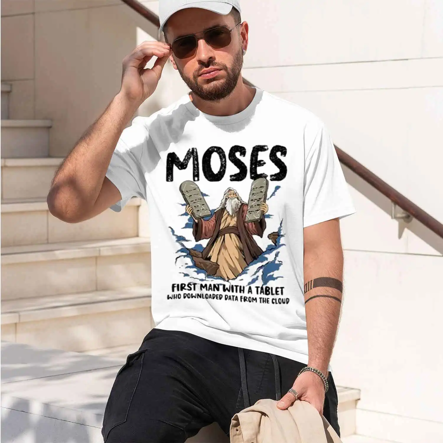 NEW Funny Moses First Man With A Tablet ristian Humor Bible T-Shirt 2026 New Model Short-sleeve crewneck T-Shirt Classic Casual