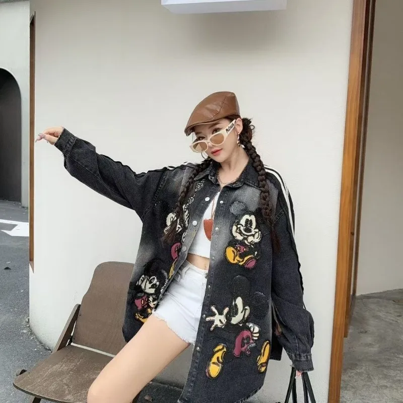 

Disney Streetwear Mickey Denim Jacket for Women, Heavy Duty Sequin Embroidery, Oversized Mid-Length, Stylish Slimming Jean Coat