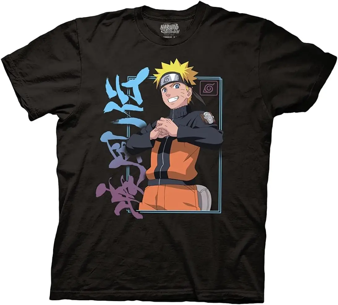 Naruto Shippuden Men's Short Sleeve T-Shirt Fist in Hand Hidden Leaf Village Symbol Frame Officially Licensed