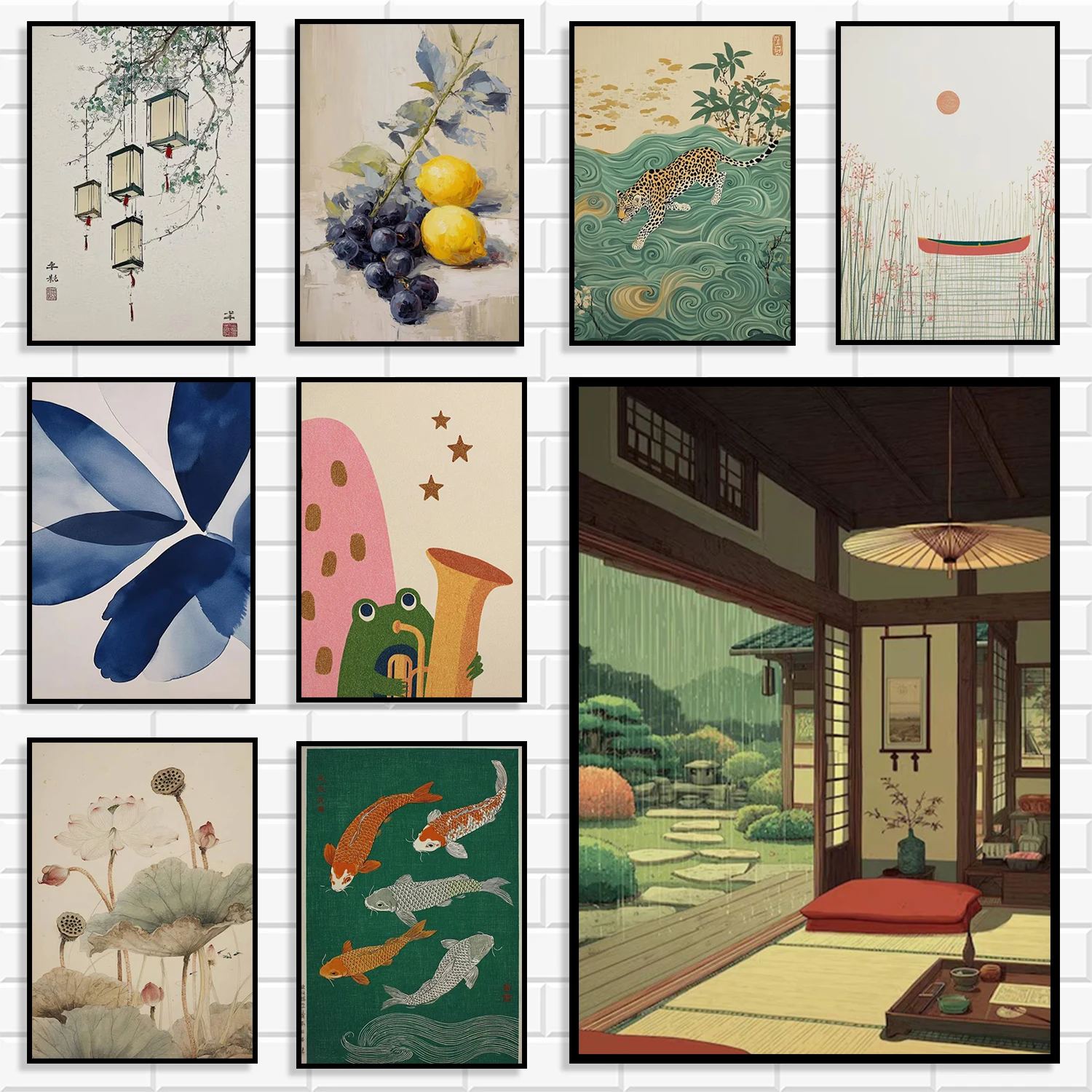 Japanese Wabi Sabi Canvas Wall Art Set, Zen Aesthetic Nature & Koi Fish Prints, Vintage Lantern & Garden Posters Home Decor
