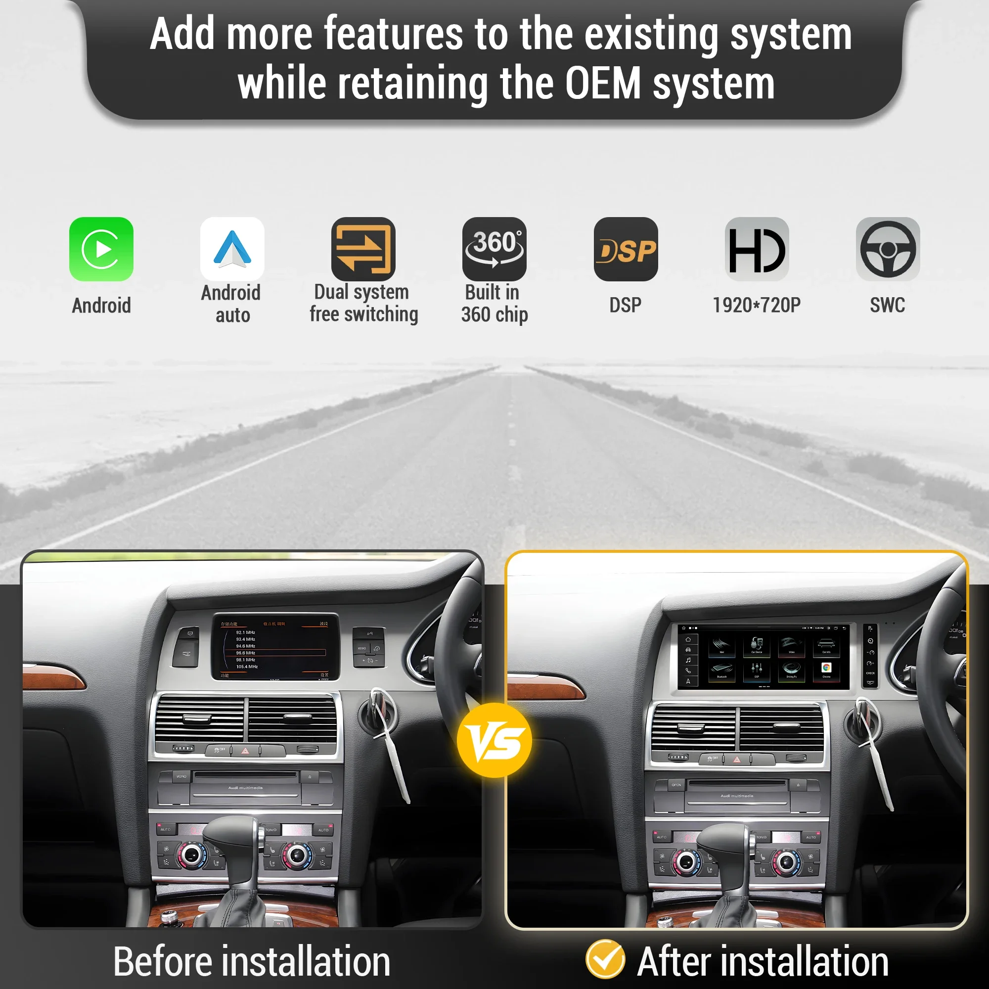 10.25 inch Android 13 Right Hand Drive Car Radio For Audi Q7 2005-2015 Wireless Carplay Qualcomm Snapdragon 680 Head Unit Screen