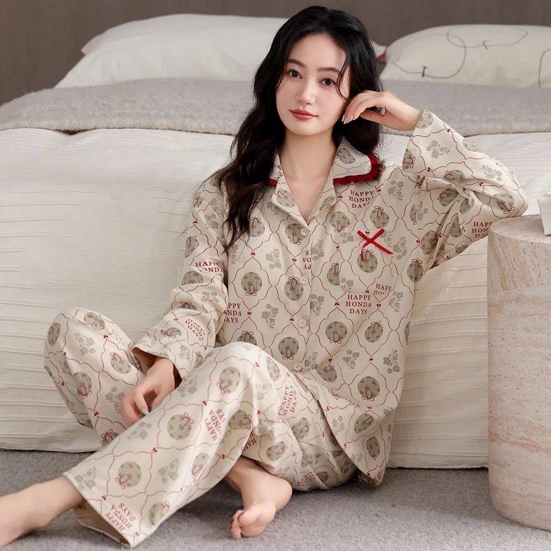 

Весенний пижамный комплект 2026 года с длинным рукавом из 100% хлопка с принтом для женщин, корейская свободная домашняя одежда, пижама, домашняя одежда для женщин