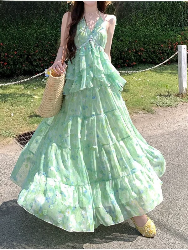 

Summer Green Floral Halter Neck High Waist Midi Dress Women's Set Beach Vacation Style Sleeveless V-neck Gown with Lace Trim