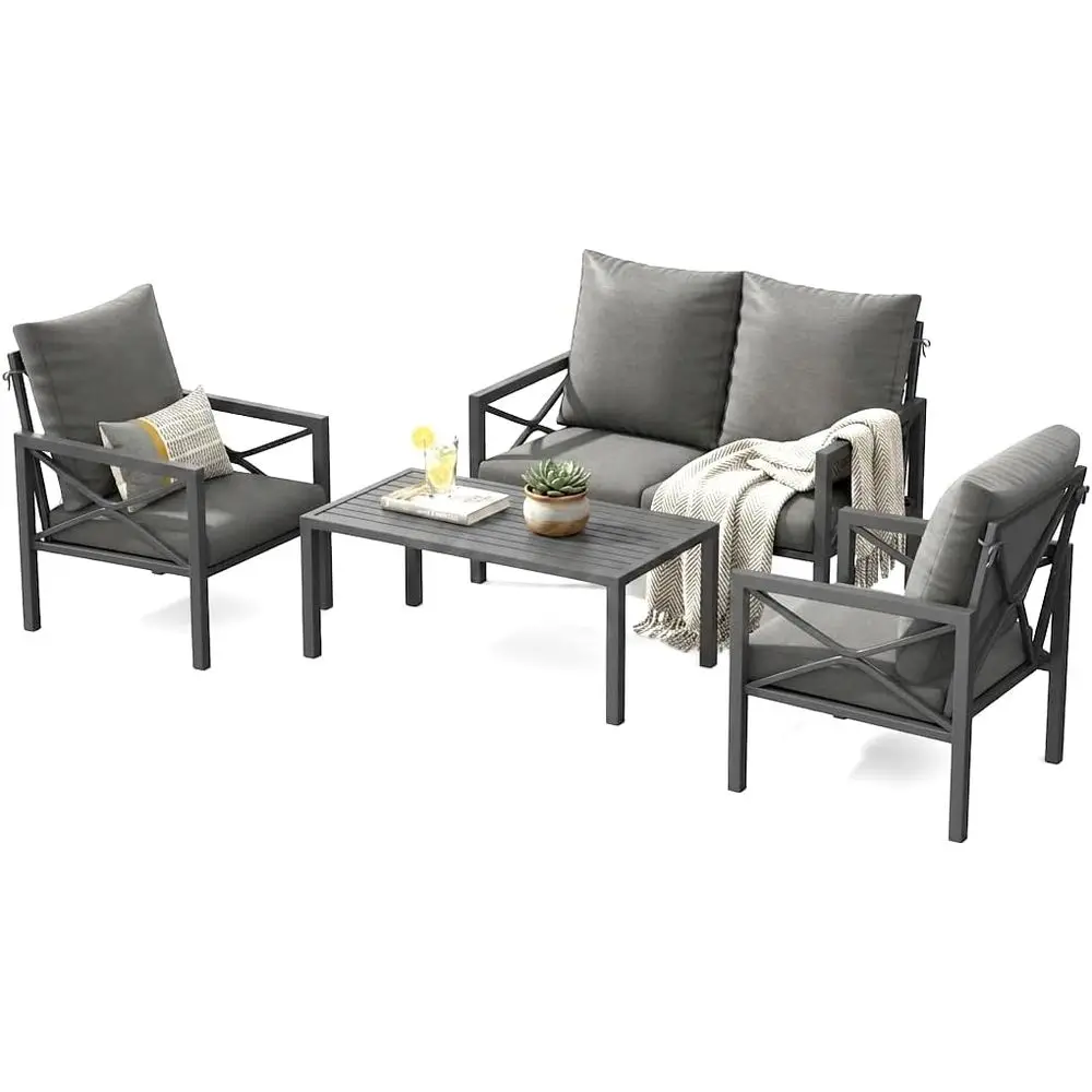Durable Metal Outdoor Patio Furniture Set with Cushions, Weather-Resistant Sectional Sofa for Backyard, Poolside, Grey