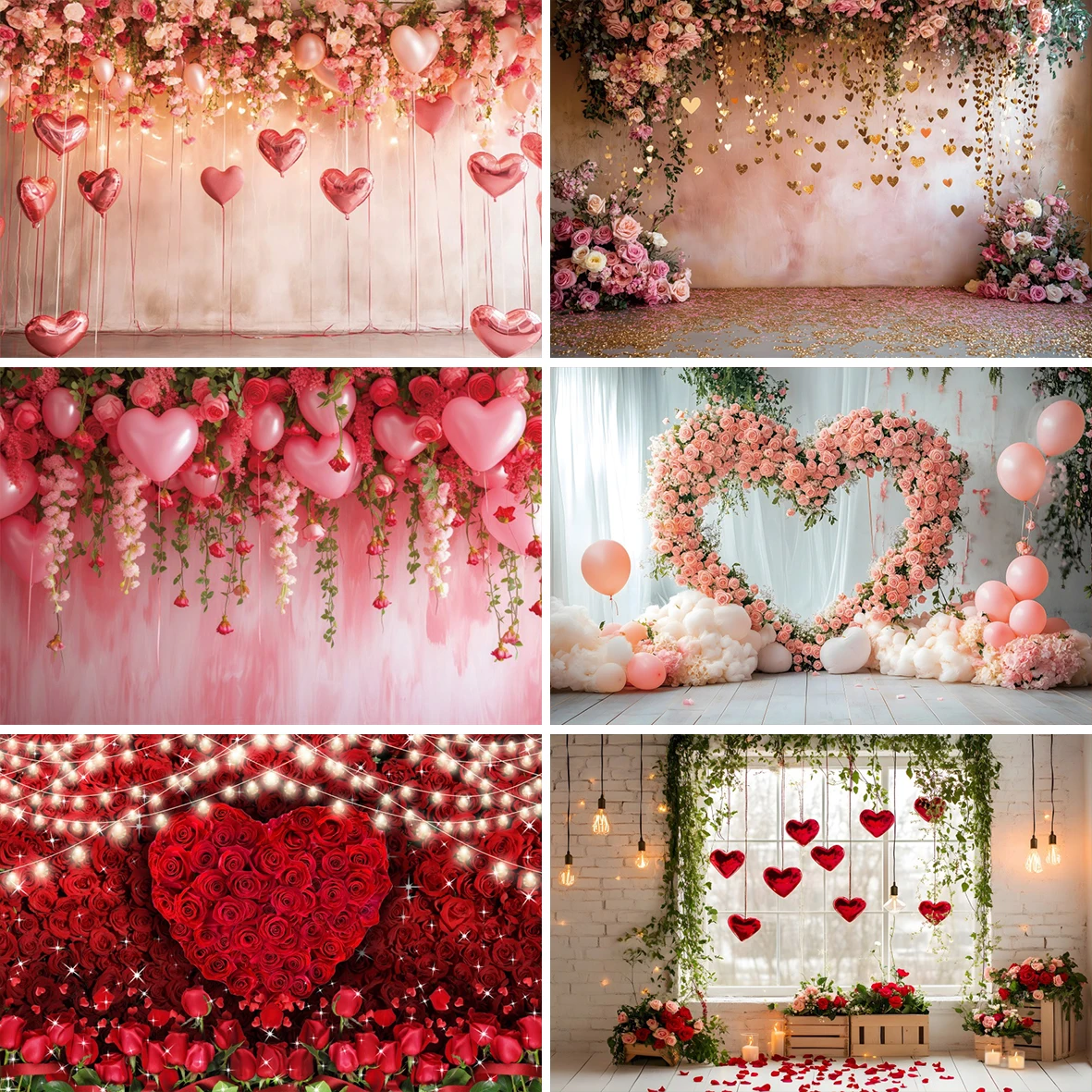 Valentine's Red Love Heart Balloons Photography Background Romantic Wedding Rose Floral Bridal Shower Portrait Photo Backdrops