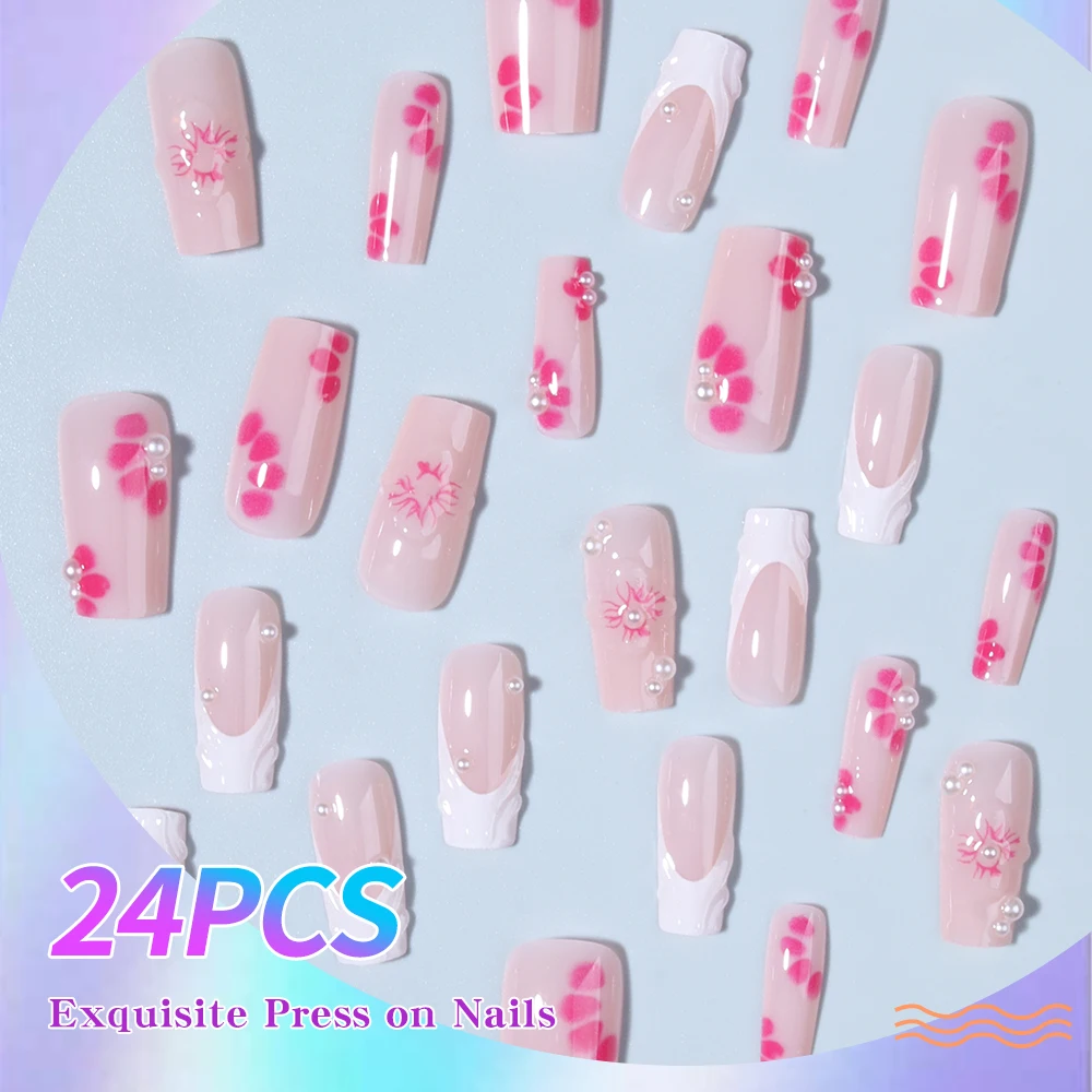 24 قطعة/المجموعة/مجموعة جلنيال ثلاثي الأبعاد يجعل زهور مربعة متوسطة مع تصميم لؤلؤي طرف فرنسي اضغط على الأظافر متوسطة تناسب أكريليك تمامًا F