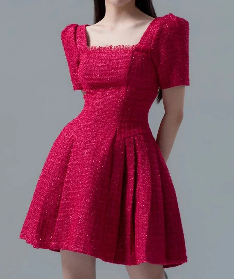 

Red Tweed Dress Women Puff Sleeve Elegant Square Neck Vintage Women's Clothing Runway Design Mini Dresses Ladies Tassel