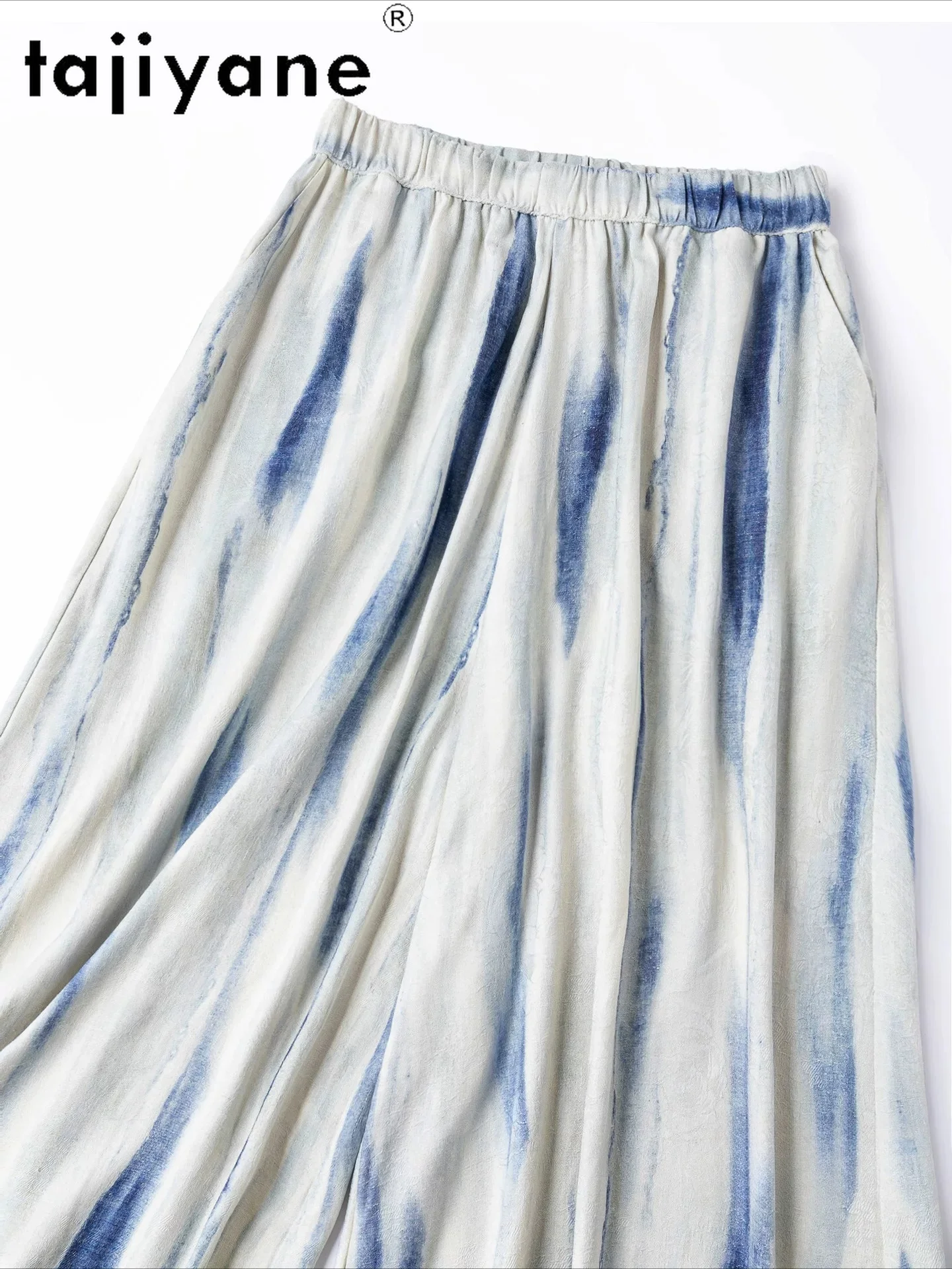 TAJIYANE 100% Mulberry Silk Pants for Woman Denim Blue Gradient Print Baggy Pants Casual Wide Leg Trousers 2026 Women Clothes 바지