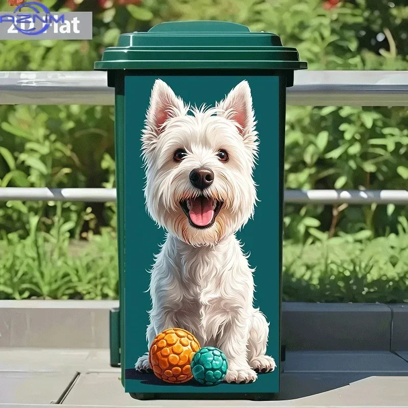 2D 1PC[ Flat Printing]1pc Trash Can Sticker[Title Translated, Do Not Change] Happy White Dog Playing with Ball Theme Design Wa