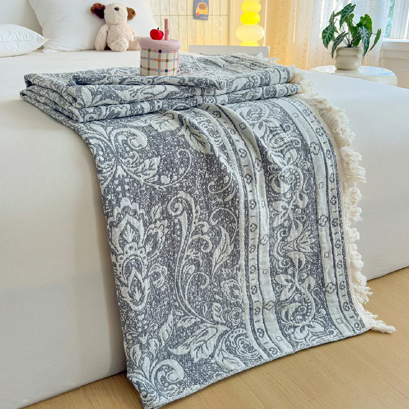 Cotton Muslin Fringe Throw Blanket, 3-Layer Gauze Breathable Sofa Bed Cover, Retro Jacquard Blanket for Couch, Skin-Friendly