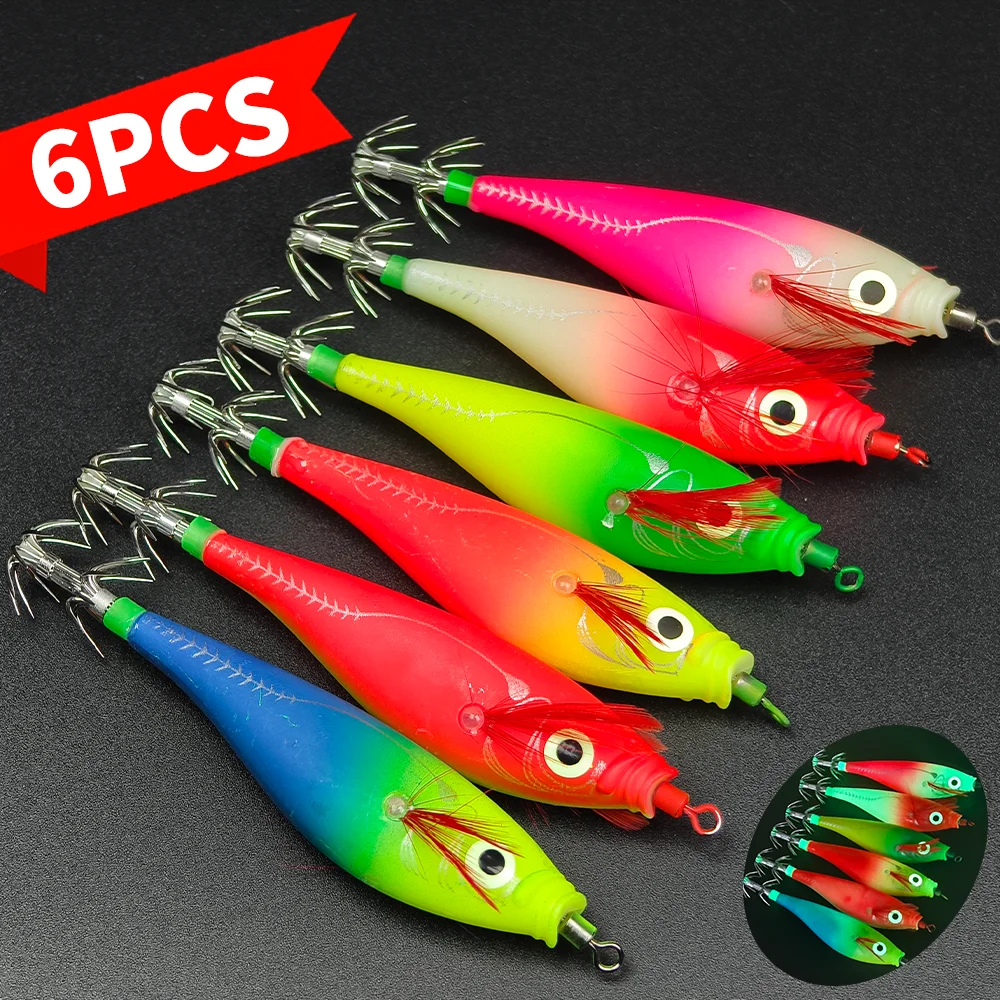 6 قطع من خطافات الحبار المتوهجة - طعوم الروبيان الأفقية - طعوم لـ Egi، رقص حبار الحبار، طعوم صلبة لصيد الأخطبوط #1