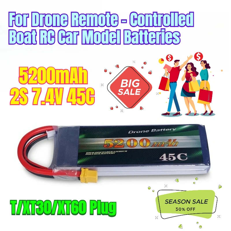 

5200mAh 2S 7.4V 45C for Drone Remote - Controlled Boat RC Car Model Batteries
