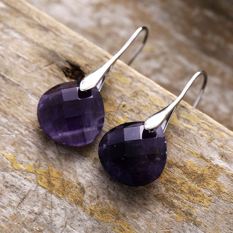 High-quality new simple and elegant water drop-shaped natural stone amethyst tiger eye earrings, earrings, European and American
