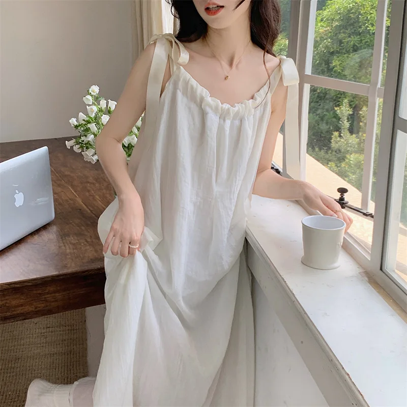 Soft Wear Out Home Sweet Solid Sling Sleeveless NightDress Women Princess Korean Style Kawaii Elegant Casual Sleep Tops Ins