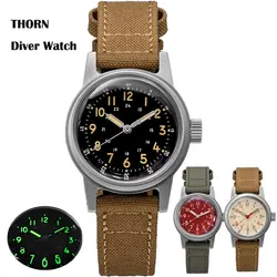 Thorn Men's Vintage Military Wristwatch 36mm Black Dial Acrylic Bubble Glass NH35 Automatic Movement 100m Waterproof C3 Luminous