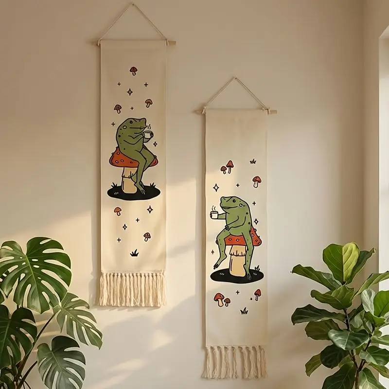VIKAMA Frog Mushroom Fringe Wall Hanging Cottagecore Cute Art For Bedroom Living Room Whimsical Aesthetic Background Home Decor