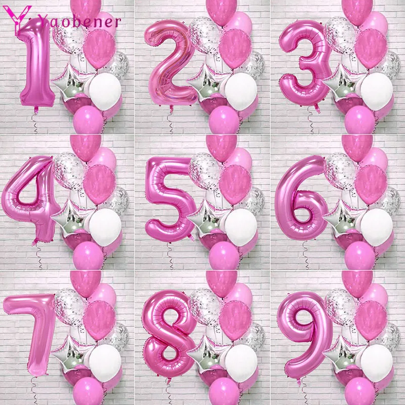 13pcs Pink 32inch Number Foil Latex Balloons Happy Birthday Party Decorations Kids Girl Princess 1 2 3 4 5 6 7 8 9 Year Old 1st