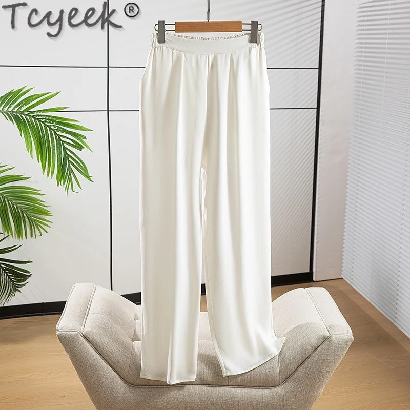 

Tcyeek 100% Mulberry Silk Pants Womans Clothing White Pants Wide Leg Pants Women Summer Casual Trousers Pantalones Mujer