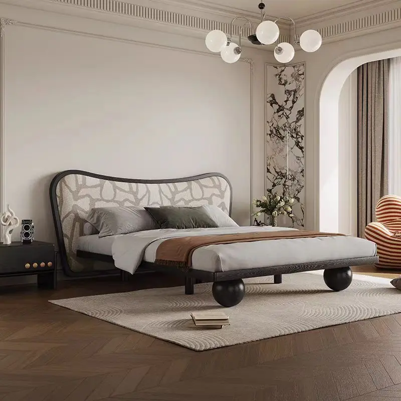 ua-French Vintage Solid Wood Bed Frame Soft Pack King Size Queen Size Hotel Apartment Bedroom Home Furniture Wooden Beds#