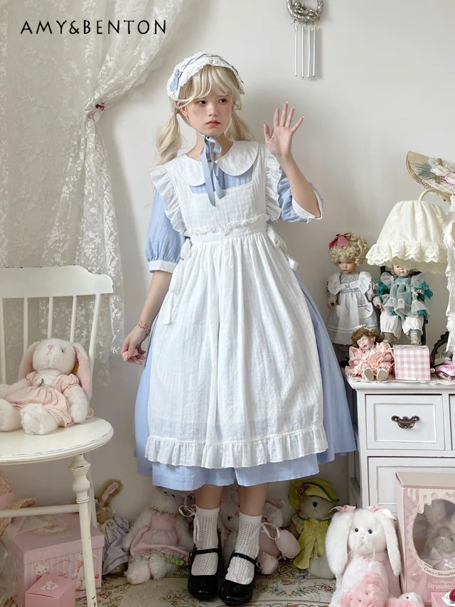 

Japanese Sweet Cute Doll Collar Puff Sleeve Slim Mid-Length Dress All-Match Smock Two-Piece Sets Kawaii Daily Lolita Dress Sets