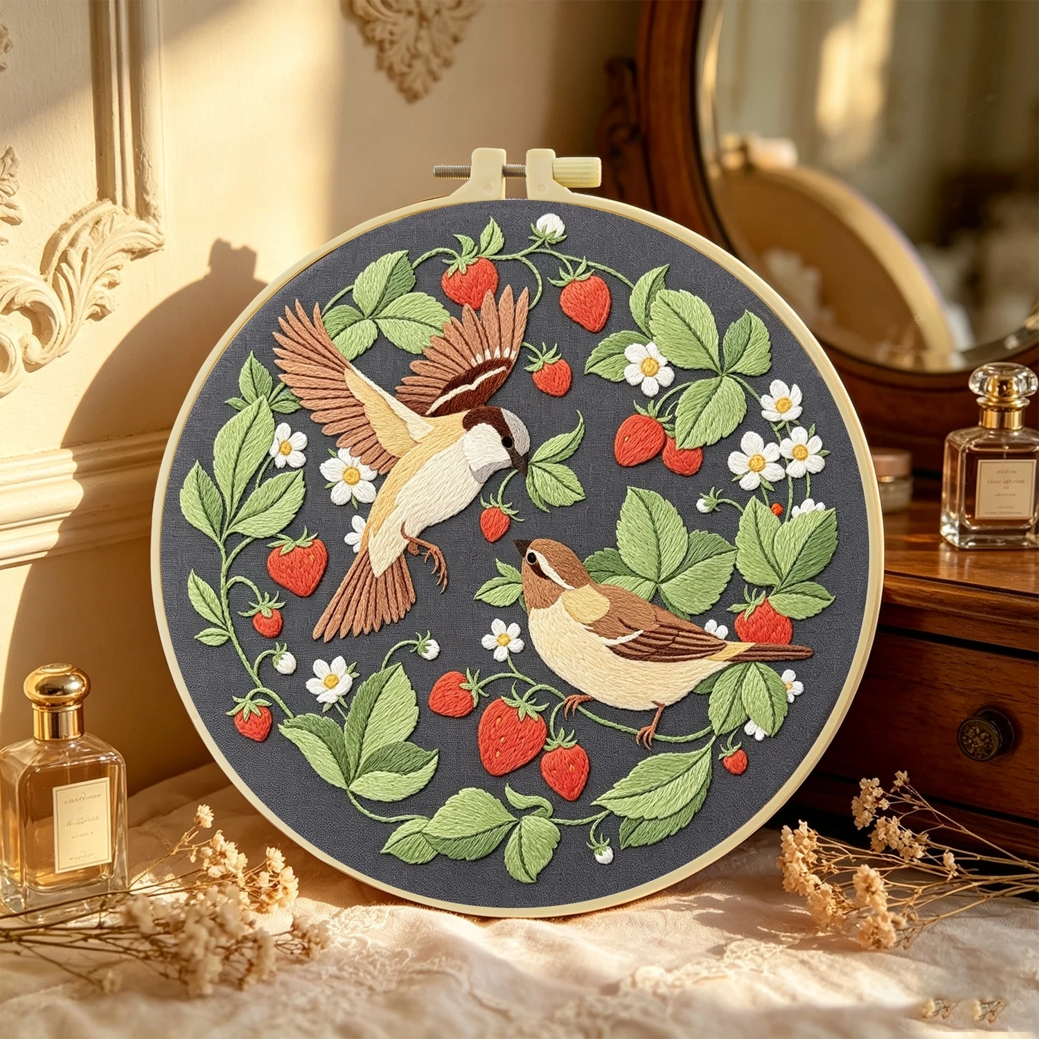 1Set Strawberry Sparrows Diy Embroidery Kit For Beginner Embroide Starter Kit Cross Stitch Art Gift Needlework Craft