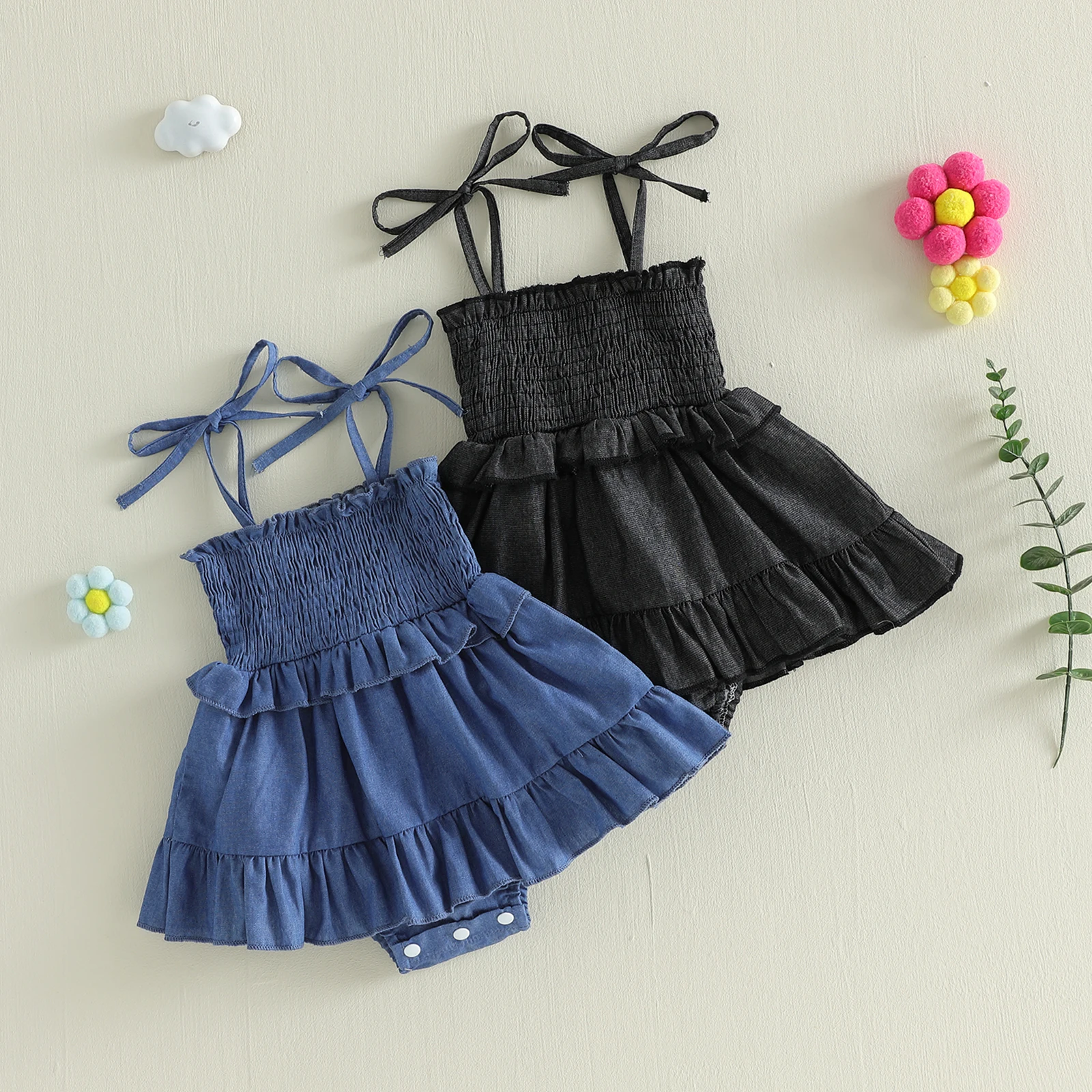 Summer Newborn Baby Girls Denim Rompers Clothing Solid Sleeveless Tie-up Ruched Ruffles Jumpsuits Skirts Casual Clothes