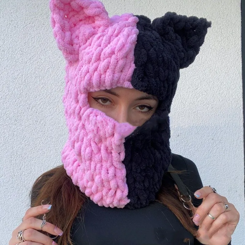 Girls Sweet Cat Ear Creative Knit Hat Balaclava Warm Cup Windproof Outdoor Sports Full Face Mask Ski Mask