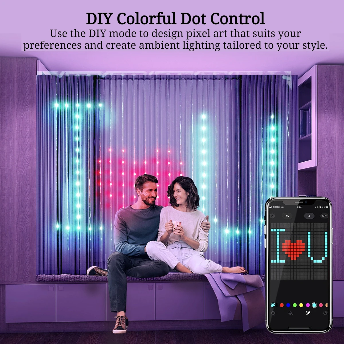 DIY Programmable RGB Point Control LED Wire Curtain String Lights, Smart APP Color Changing Ambient Fairy Decor Lights