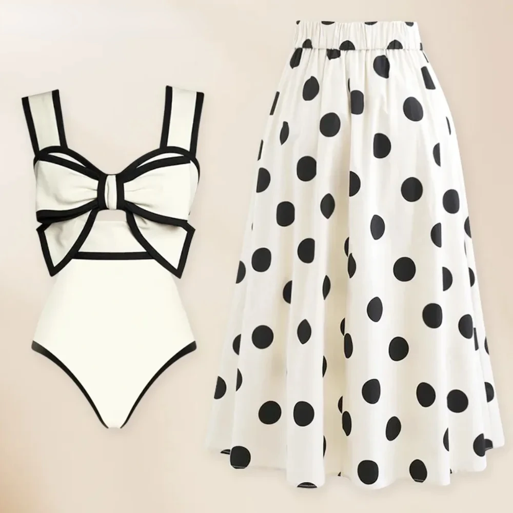 

2024 Vintage Swimsuit and Skirt 3D Bow-tie One Piece Swimwear Women Bikini set Bathing Suit Two-pieces beach dress Monokini