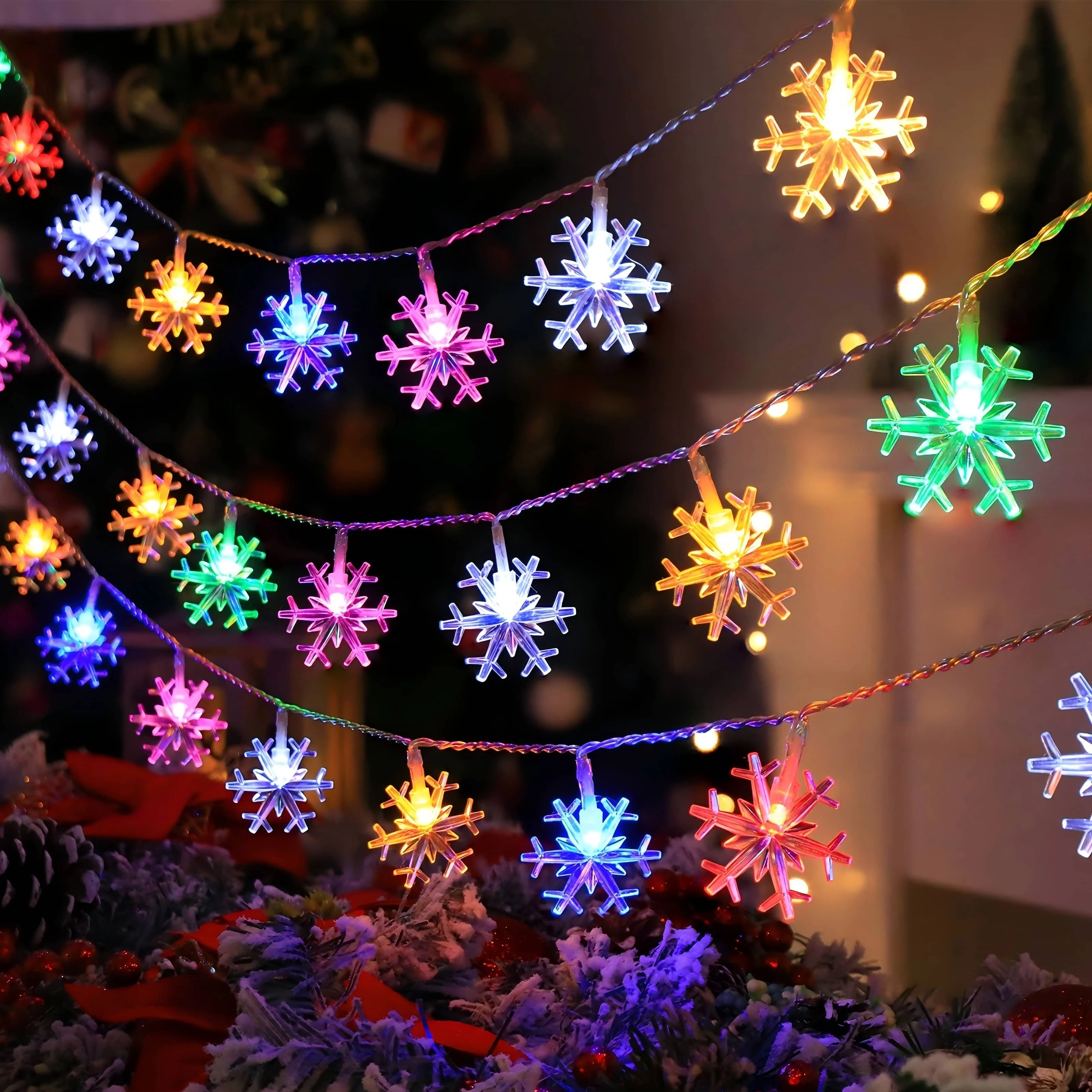 LED Christmas Snowflake String Lights - Battery Operated(No Batteries) 3 Colors(Warm/White/Color) for Home Party