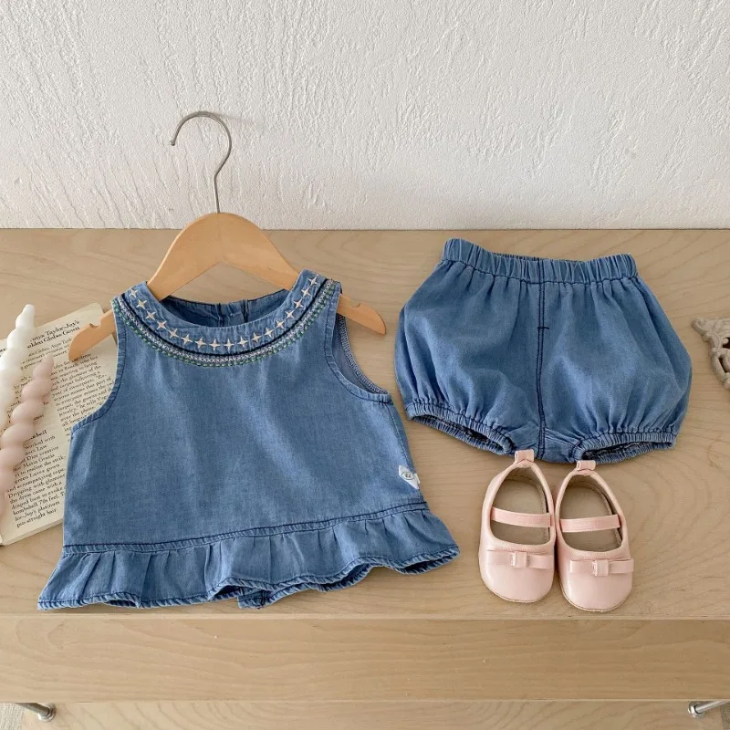 

Newborn Girls Suit 0-3 Years Old Summer Children Wear Baby Sleeveless Denim Skirt Shorts Two-piece