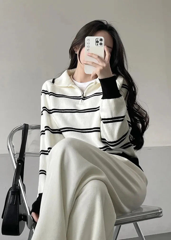 Korean Style Lazy Striped Zipper Color Block Long Sleeve Women's Soft Sweater Autumn Winter New Design Knitted Shirt