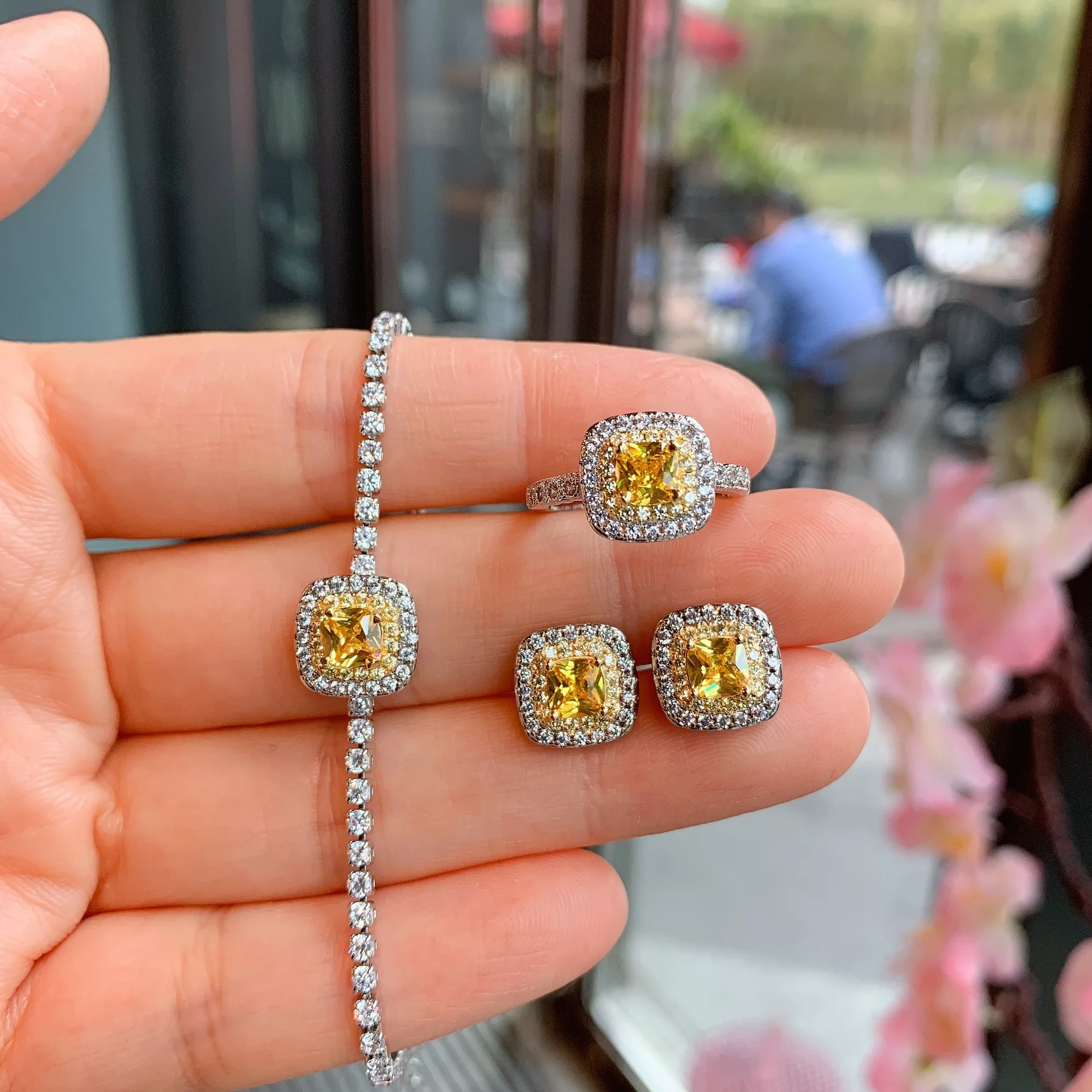 Charms Square Yellow Topaz High Quality Ring Unusual Earrings Bracelet Set Women Bride Luxury Designer Jewelry Anniversary Gift