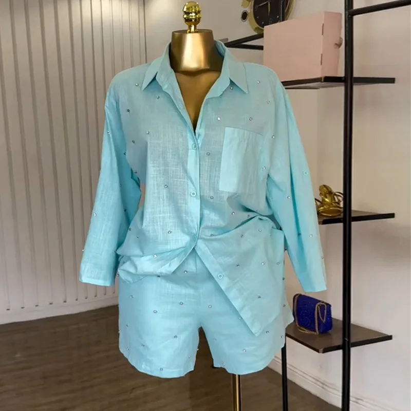 

Rhinestone Decor Two Piece Set Women Summer Casual Button Down Beach Shirt + Shorts Outfit Light Blue Loose Loungewear 2026 New