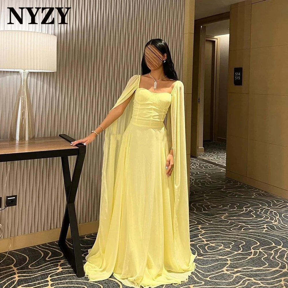 

Elegant Chiffon Sweetheart Cap Sleeves Yellow Evening Dresses 2024 NYZY E426 Long Party Prom Gowns