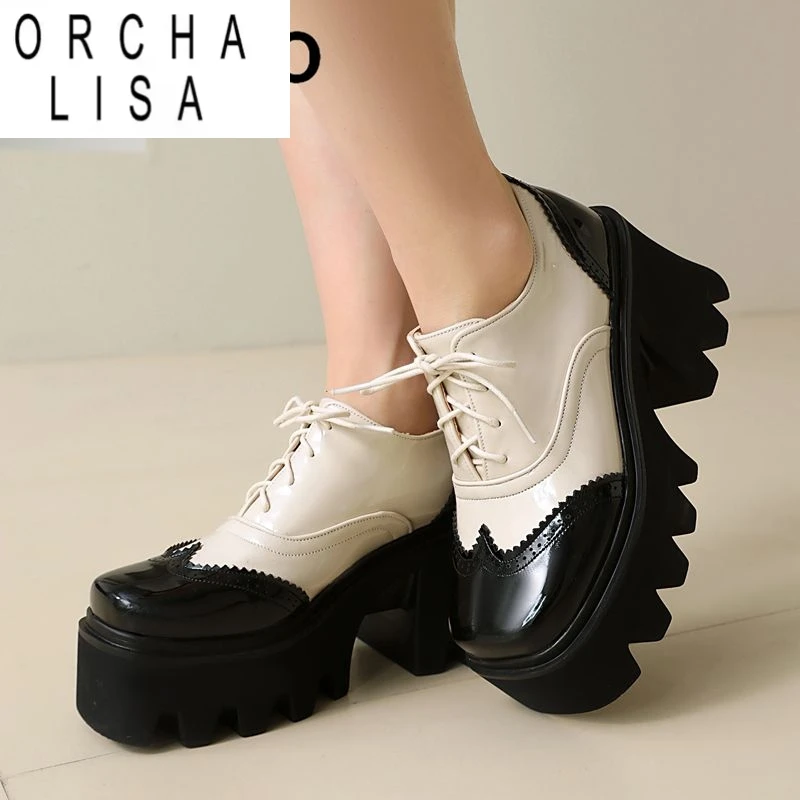 

ORCHA LISA Блестящие женские туфли-лодочки с квадратным носком на толстом каблуке 8 см, платформа 4 см, шнуровка, разноцветные, большие размеры 41 42 43 Повседневная обувь для отдыха